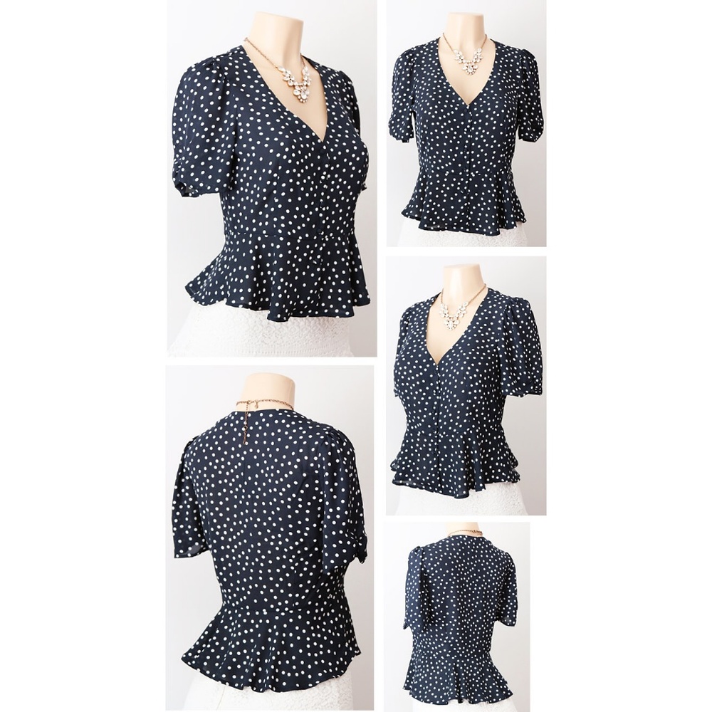 Navy Polka Dot Deep V Neck Button Peplum Shirt Top - Picture 3 of 8